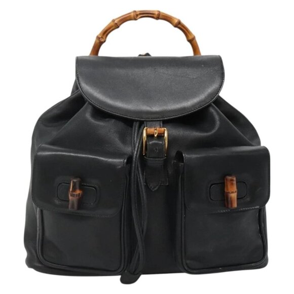 GUCCI Bamboo Backpack Leather Black Gold - Picture 1 of 15